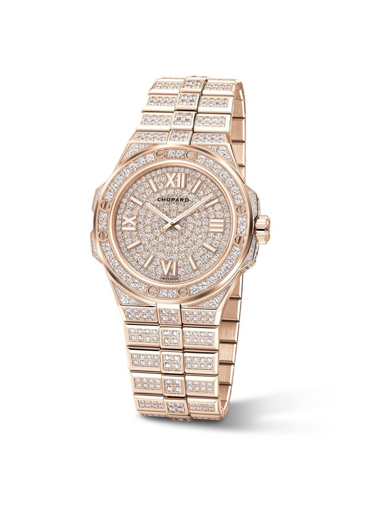 Alpine Eagle 系列腕錶，直徑 41 毫米，符合道德倫理的 18K 玫瑰金材質，錶殼、錶盤、錶帶與錶扣共鑲嵌 836 顆鑽石，搭載 Chopard 01.03-C 自製機芯，動力儲存 60 小時。 圖／Chopard 提供