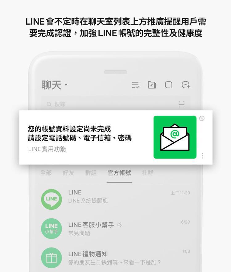 LINE也會不定時在聊天室列表上方推廣提醒用戶需要完成認證。圖／LINE提供