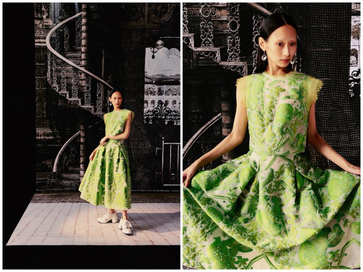 「蘋果綠開版緹花」裙裝以黃綠相間的品牌獨家開版印花，重現滿佈翠綠的春日生機。圖／SHIATZY CHEN提供
