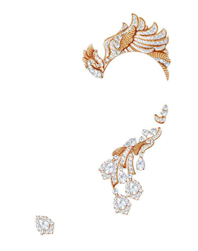 PIAGET甲辰龍年頂級珠寶系列18K玫瑰金鑽石鳳凰耳環，18K玫瑰金，鑲嵌圓形切割鑽石與梨形切割鑽石，價格店洽。圖／PIAGET提供