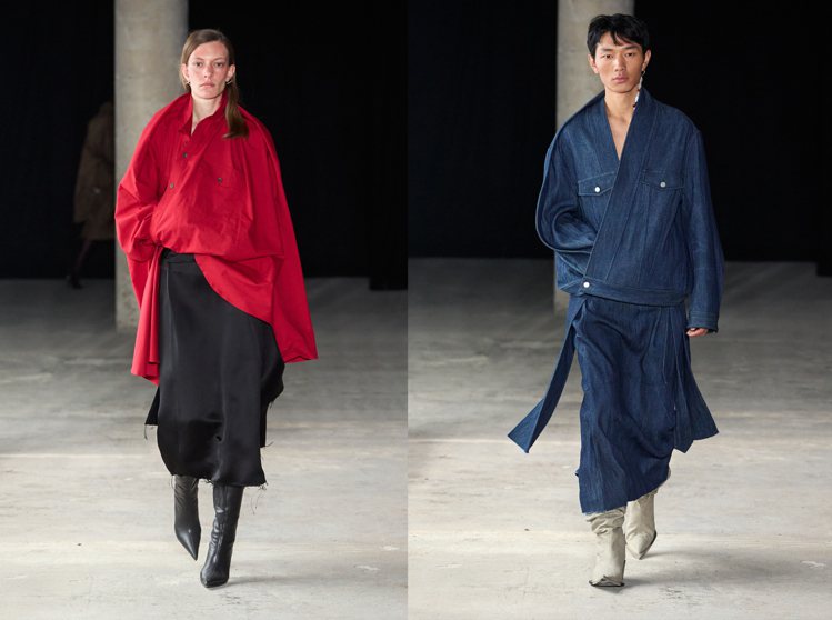 SANKUANZ 2024秋冬系列整體輪廓其實是模仿了喇嘛們身穿袍子袈裟的樣態，右手臂自袍下伸出的線條，貫穿了所有的的設計。圖／SANKUANZ提供