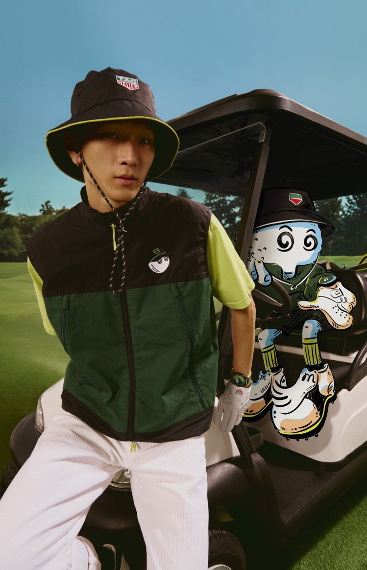 TAG Heuer與生活風格品牌Malbon Golf合作，還將聯名特色延伸至以頂級面料製成中性色調的雙向彈性尼龍拉鍊上衣。圖／TAG Heuer提供