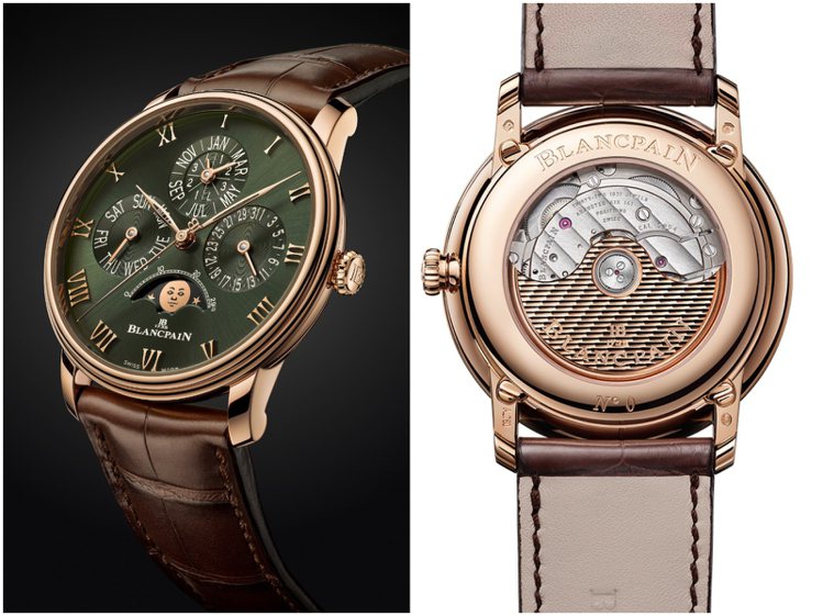 Blancpain的Villeret萬年曆腕表可在背面近距離欣賞5954自動上鍊機芯的細節與其K金自動盤。圖／Blancpain提供（合成圖）