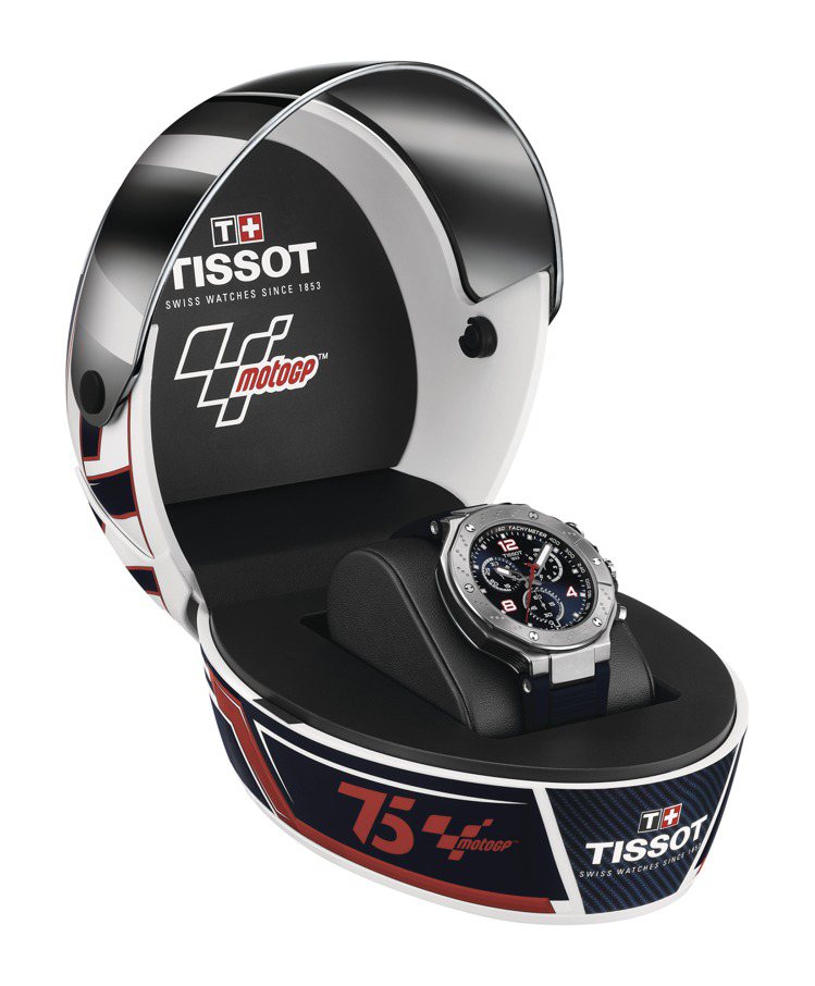 天梭表T-Race系列MotoGP 75周年紀念石英計時碼表，精鋼表殼與表圈，全球限量8000套，約20,800元。圖／TISSOT提供