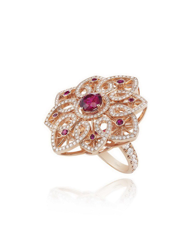 Temptations系列戒指，18K玫瑰金鑲嵌紅碧璽、鑽石、紅寶石，181萬9,000元。圖／蕭邦提供