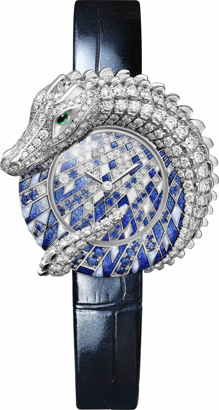 刻畫鱷魚的CROCODILE珠寶腕表鍍銠白K金款。圖／卡地亞提供
