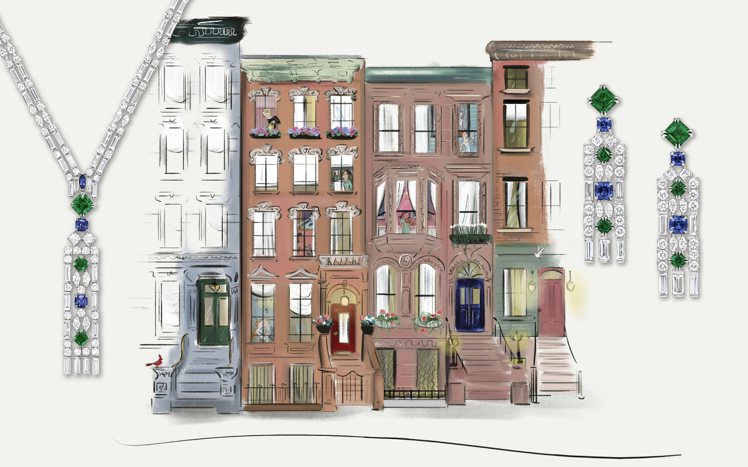 Brownstone系列祖母綠與藍寶石項鍊和耳環，致意紐約上西城的赤褐色砂石建築（Brownstone）的面，優渥且優雅。圖／Harry Winston提供