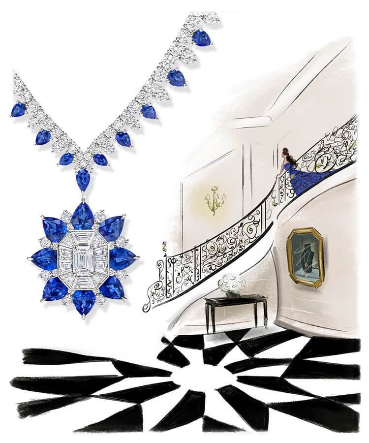 New York系列的718 Marble Marquetry藍寶石鑽石項鍊，運用兩種貴重寶石的交錯鑲嵌，展現如工坊中的黑白馬賽克地磚。圖／Harry Winston提供