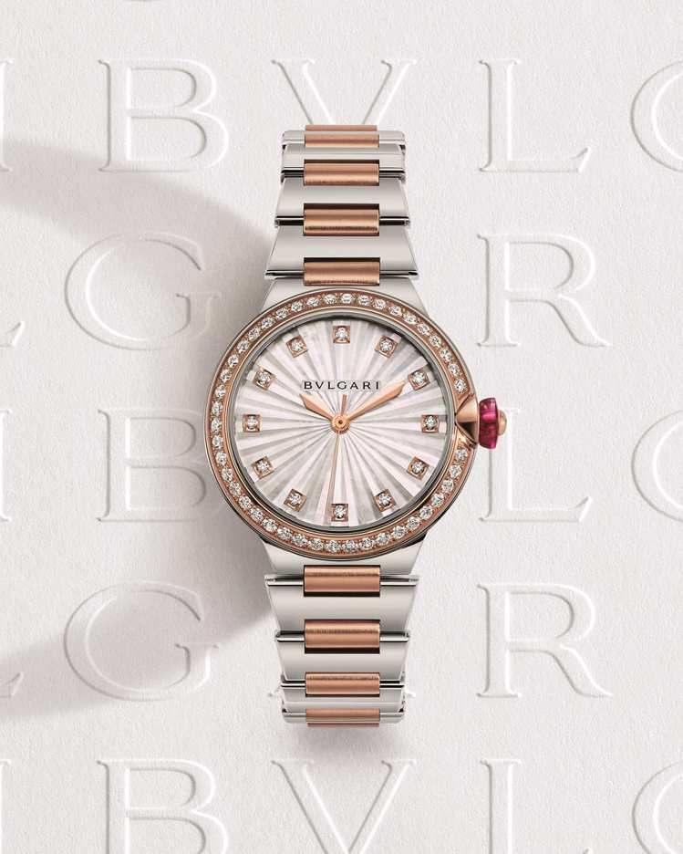 BULGARI LVCEA白色珍珠母貝面盤精鋼與玫瑰金鑲鑽腕表。圖／寶格麗提供