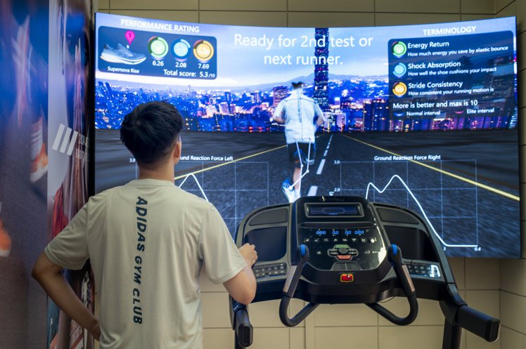 adidas RUN LAB 3D動態跑姿分析免穿戴過多裝置，只要站上跑步機慢跑，即可準確偵測身體的每個關節位置。圖／adidas提供