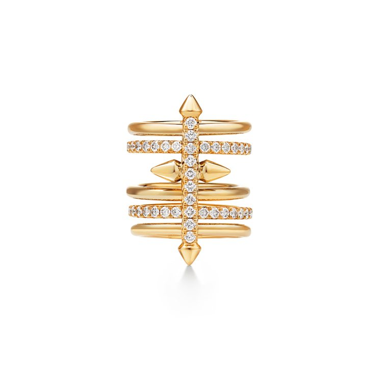 Tiffany Titan by Pharrell Williams系列18K黃金鋪鑲鑽石戒指。圖／Tiffany提供