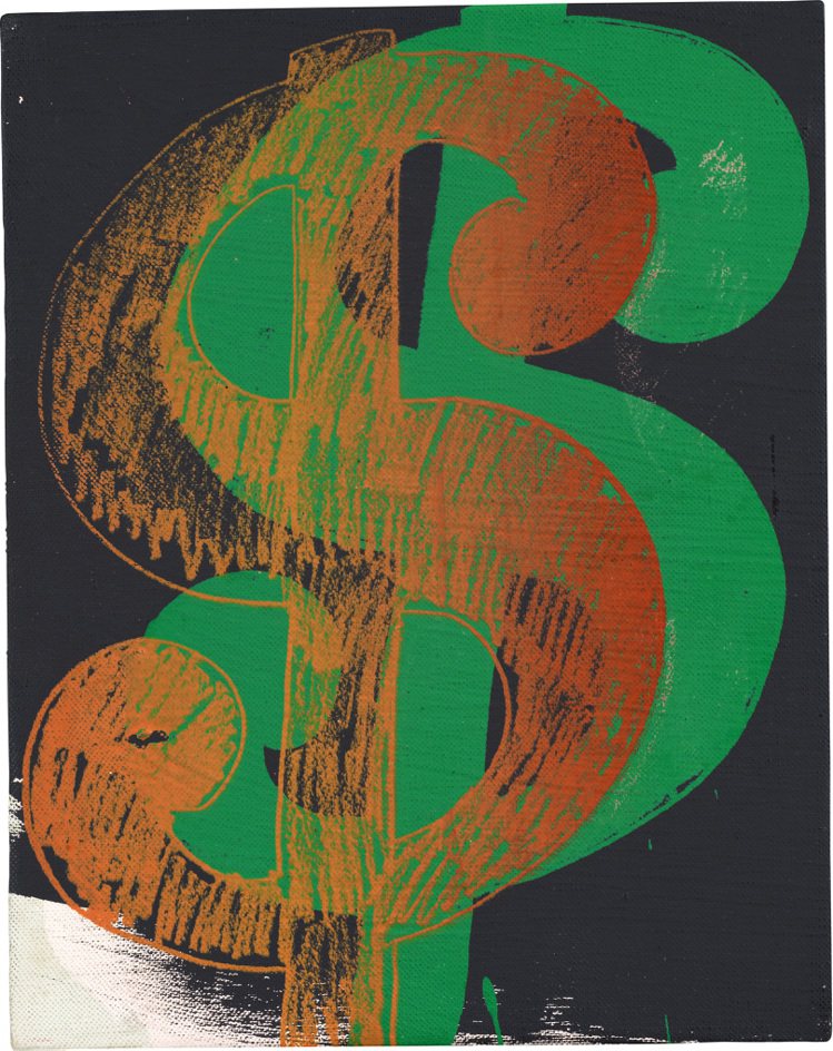 安迪沃荷《美元符號》，1981年作，壓克力絲網印刷畫布，25.3 x 20.3公分，估價280萬港元起。圖／富藝斯提供