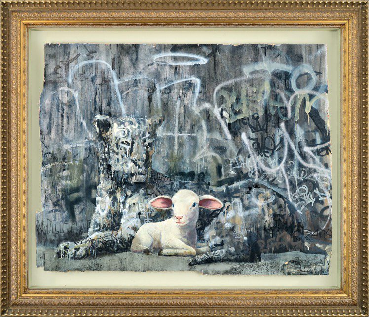 班克斯《獵豹與羊》，2016年作，壓克力膠合板，148 x 172公分，估價1,800萬港元起。圖／富藝斯提供