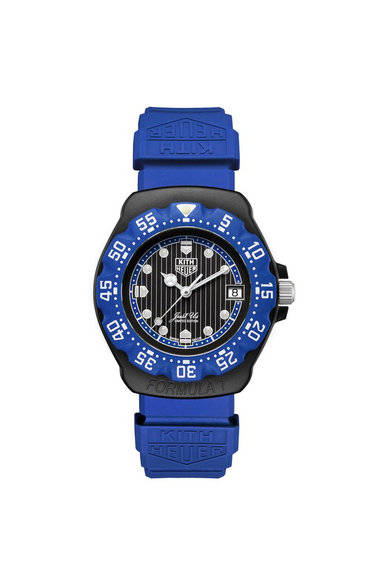 TAG Heuer聯名KITH的Formula 1系列腕表，噴砂黑色PVD精鋼表殼，搭配藍色arnite塑料表圈，全球限量825只，約50,500元。圖／TAG Heuer提供