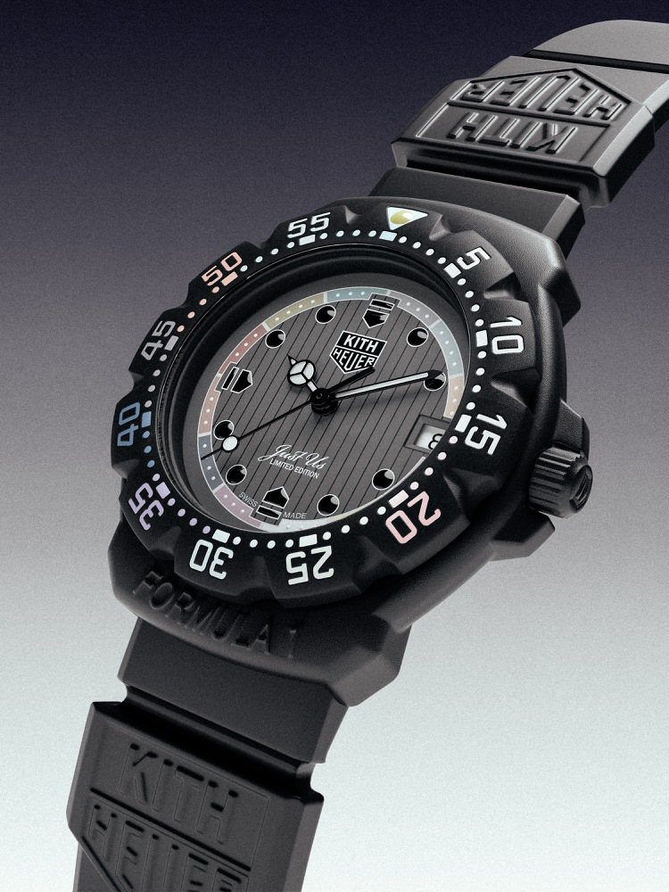 TAG Heuer聯名KITH的Formula 1系列腕表全黑版本，表圈上數字還利用漸層配色呈現，十分別緻。圖／TAG Heuer提供