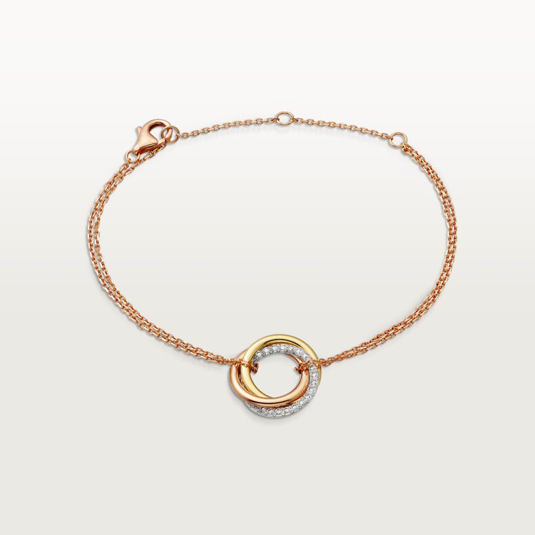 Trinity 手環，白K金、玫瑰金、黃K金，配黃K金鍊帶，約97,500元。圖／卡地亞提供