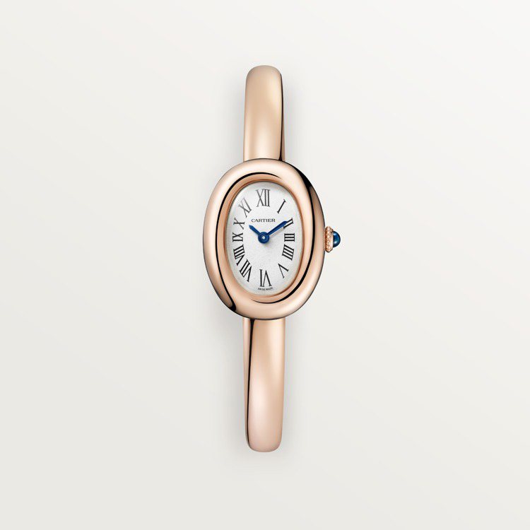 Baignoire de Cartier腕表迷你款，玫瑰金，表冠鑲嵌一顆凸圓形藍寶石，價格店洽。圖／卡地亞提供