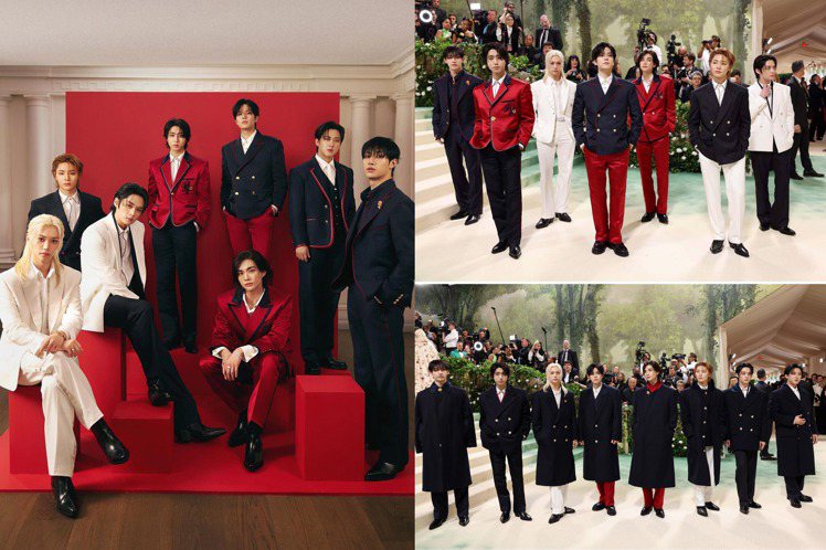 首度受邀的男團STRAY KIDS創下紀錄，成為首個登上Met Gala紅毯的韓國Kpop偶像團體。圖／摘自Tommy Hilfiger instagram、路透社