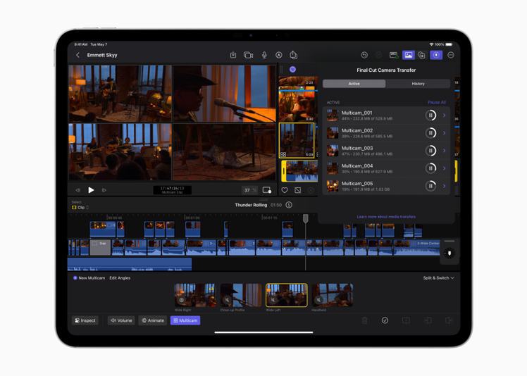 iPad版Final Cut Pro 2上的「Live Multicam」功能，可讓使用者引導和操縱最多達4部攝影機，以導演的視角即時檢視錄影畫面。圖／蘋果提供
