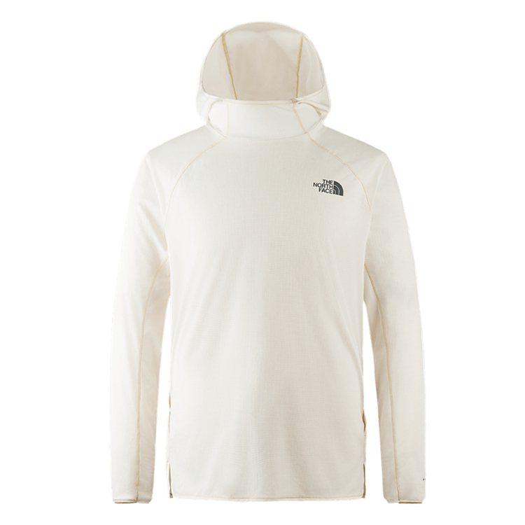 The North Face男款白色吸濕排汗防曬舒適透氣連帽長袖上衣，3,380元。圖／The North Face提供