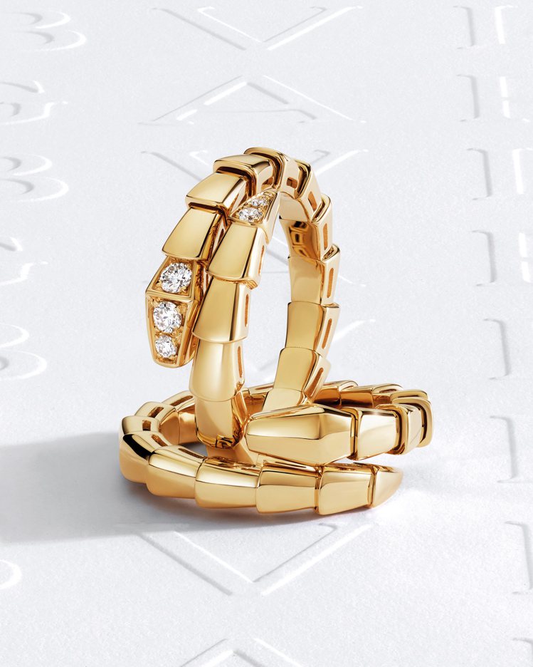 BULGARI Serpenti Viper系列黃K金單圈戒指與黃K金鑲鑽單圈戒指。圖／寶格麗提供