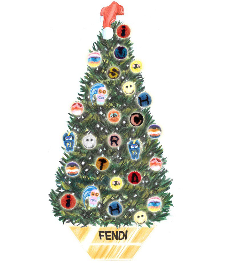 FENDI在德國慕尼黑的Mandarin Hotel豎起一棵底座裝飾金色FENDI字樣的耶誕樹，裝飾Fendirumi、ABCharms、Bag Bugs及七彩絨球等FENDI的皮草吊飾。圖／FENDI提供