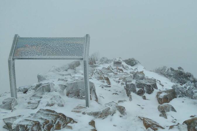玉山今天凌晨2點多開始下雪，北峰氣象站覆上一層白雪，如銀妝素裹。圖／玉管處提供