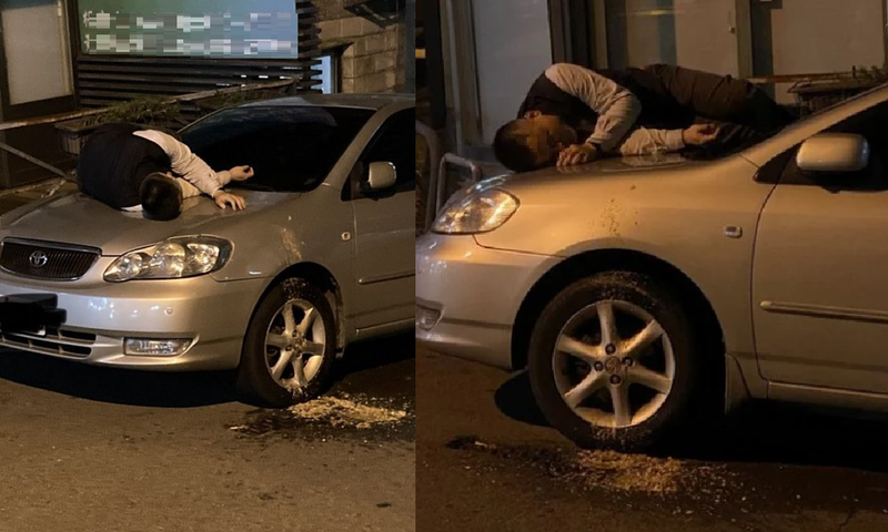 男子醉到直接睡在別人的汽車引擎蓋上。圖擷自dcard