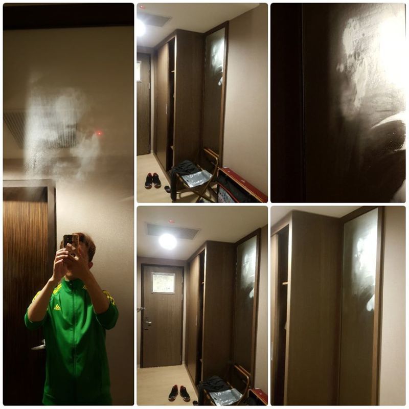 原PO發現房間玄關的全身鏡上有「半張人臉」的霧氣，且怎麼擦都擦不掉。圖擷自臉書社團「靈異公社」