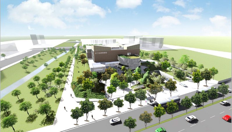 新竹縣立總圖書館獲教育部核定補助2.8億元，將在新竹地檢署後方機關用地興建，整體建物設計將與周邊既有東興圳景觀連結，塑造連續的地景並串連完整生態走廊。圖／新竹縣政府提供