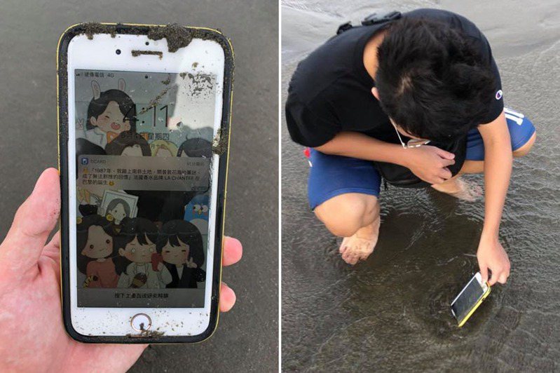 網友在新月沙灣挖出一隻iPhone手機，實測還能開機、有訊號。 圖／翻攝自新竹大小事