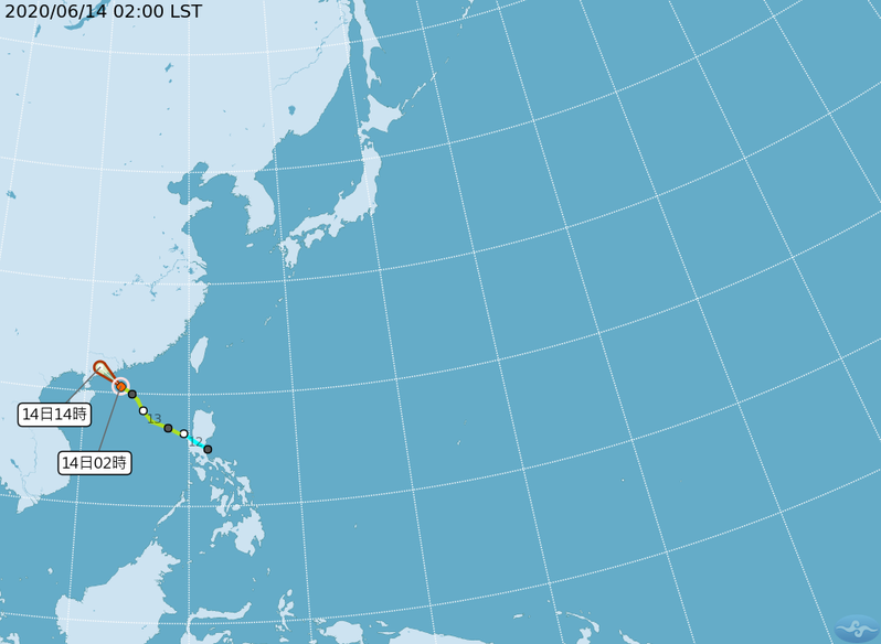 中央氣象局今天凌晨2時路徑潛勢預測圖顯示，輕颱鸚鵡向西北前進，上午將在廣東一帶登陸。圖／取自氣象局網站