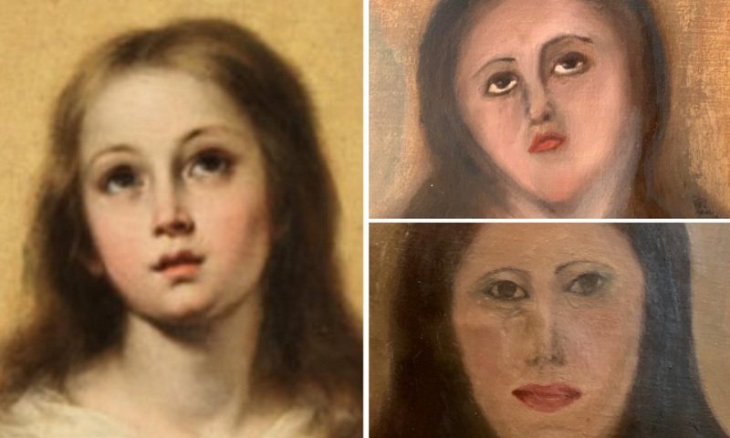 西班牙瓦倫西亞一位私人藝術收藏家請傢具修繕商清潔「聖母無染原罪」複製畫（左），結果是一次修繕毀容（右上），二次修繕水準直接下降成小學生的美術作品（右下）。畫面翻攝：Twitter/AhabLives