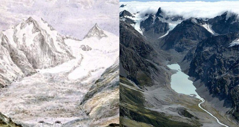 全球暖化越發嚴重，英國研究團隊發出警告，紐西蘭的南阿爾卑斯山（The Southern Alps）過去400年已經失去超過一半的冰河覆蓋區。圖左為1866年南阿爾卑斯山的萊爾冰河（Lyell Glacier）繪圖，圖右為2018年的萊爾冰河。圖／每日郵報