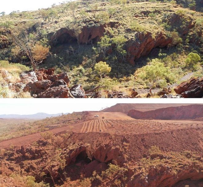 力拓集團在今年5月炸毀的朱坎岩棚（Juukan rockshelters），這是澳洲原住民已知最早的聚落遺跡之一。圖上為開發前的岩棚，圖下為力拓集團開發後。法新社