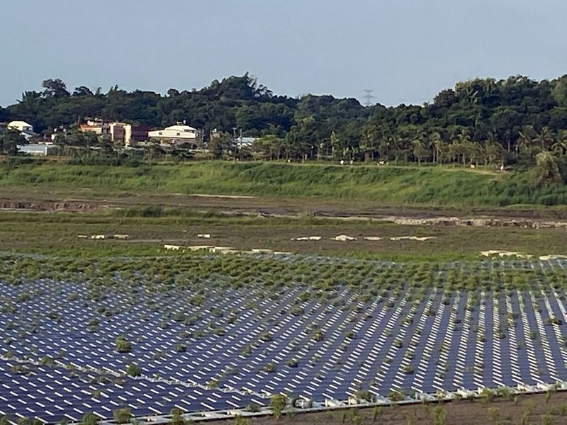 阿公店水庫建置台灣首座漂浮太陽能發電站，日前有民眾發現太陽能板間竟然長草，空中鳥瞰像極了停車場植草磚，直呼奇景。圖／讀者提供