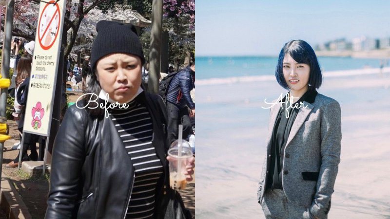 日本女網友ヤナマリ分享瘦身心得，圖左為一年瘦身前的照片，圖右為現今的照片。圖擷取自twitter