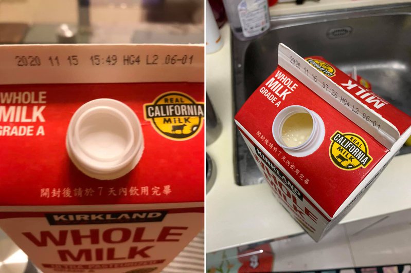 正常牛奶蓋子裡會有拉環（如左圖），但原PO買到的牛奶卻沒有拉環（右圖）。 圖／翻攝自「Costco好市多商品經驗老實說」