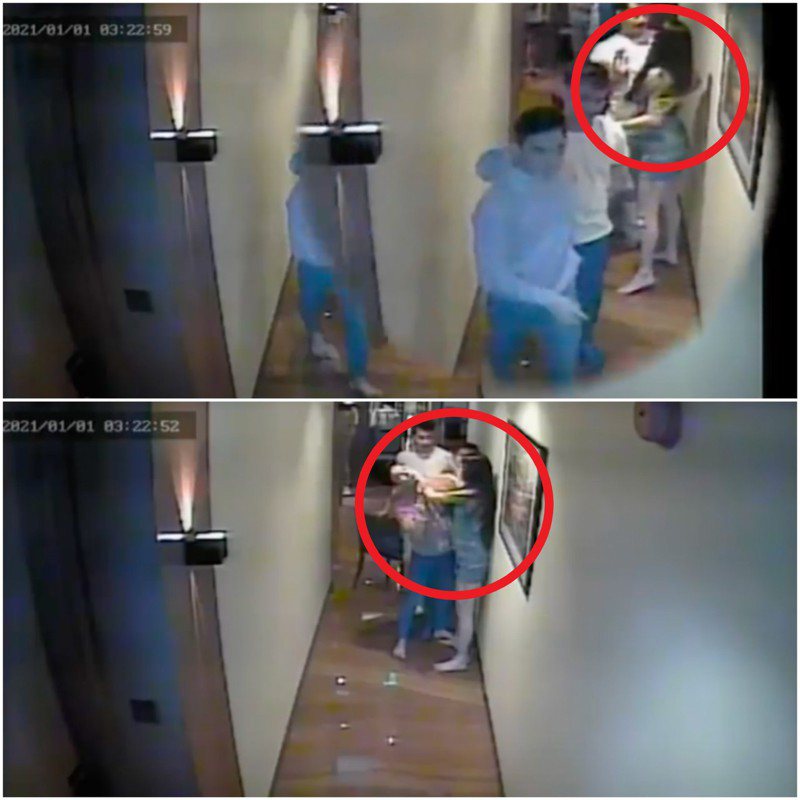 凌晨3时22分，画面中的达塞拉在走廊上与3名男子聊天，可看到戴塞拉与男子们有搂肩、嬉闹等肢体接触。YOUTUBE／JaySpeak TV(photo:UDN)