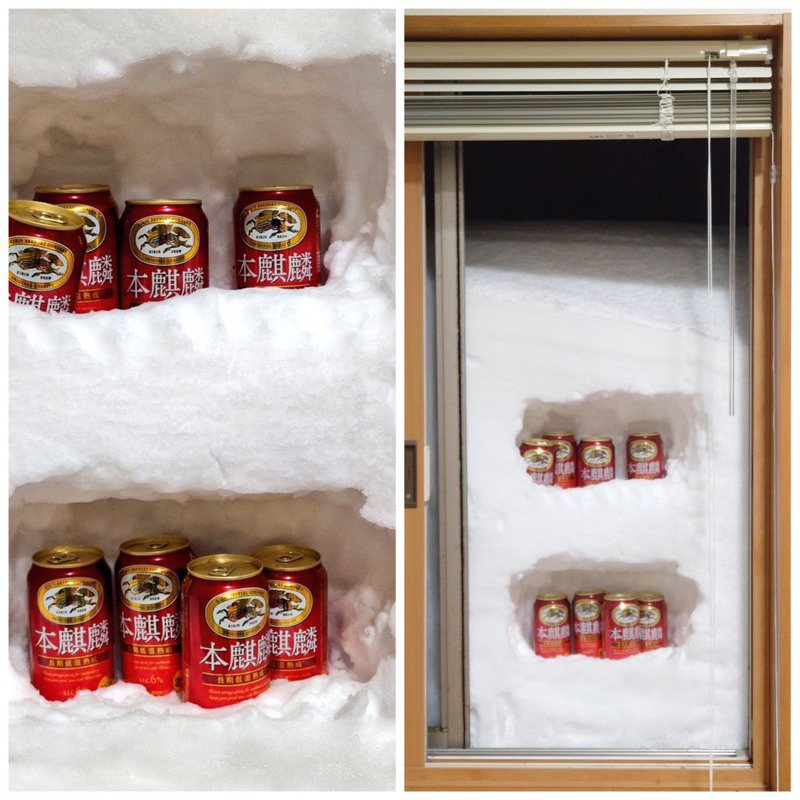 日本降下暴雪，網友製作「天然冰箱」。圖／取自推特