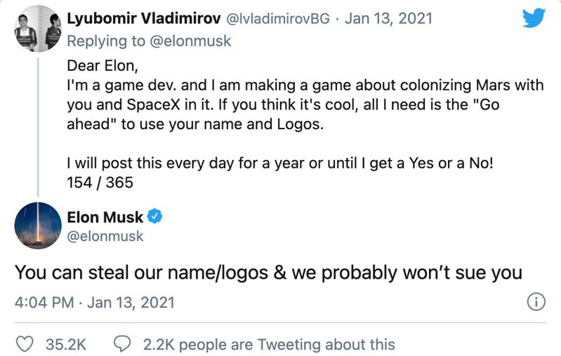 推特用户Lyubomir Vladimirov连续在推特贴文154天，请求SpaceX执行长马斯克允许，开发一款以SpaceX为灵感的电玩，获得马斯克回覆。撷自推特(photo:UDN)