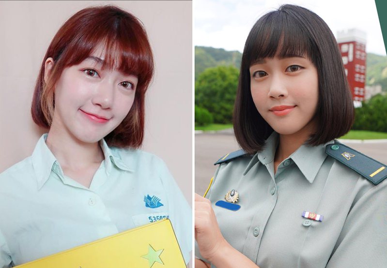 23歲的女少尉蔡佩璇（右）因外貌與「國民女友」泱泱（左）相當神似，因而引來網友討論。圖／泱泱Instagram、青年日報臉書