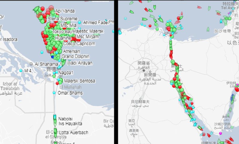 圖為蘇伊士運河目前壅塞情形。左圖為地中海海域畫面，右圖為蘇伊士運河及紅海貨輪駛離情形。