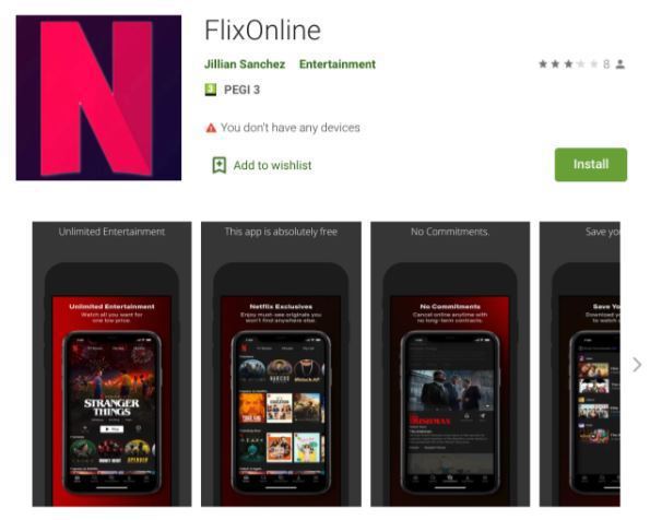 惡意軟體「FlixOnline」在Google Play上架，用假冒Netflix的下載連結，吸引用戶上鉤。 圖擷自Check Point Research