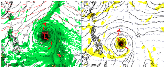 美國模式(GFS)模擬是大型颱風，3、4天後在關島西方海面緩慢向北迴轉(左圖)。歐洲(ECMWF)模式模擬則是普通大小的颱風，其5天後在菲律賓東方、帛琉北方海面逐漸向北迴轉(右圖)。圖擷自Tropical tidbits。圖／取自「三立準氣象．老大洩天機」專欄