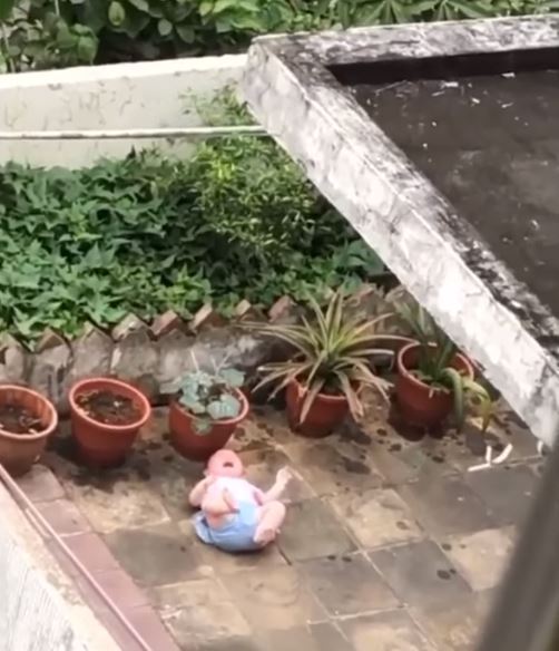 近日新北市中和區一名女子發現，鄰居家的嬰兒躺在陽台地上嚎啕大哭，而一旁的爸爸卻自顧自地澆花。 圖擷自《爆怨2公社》