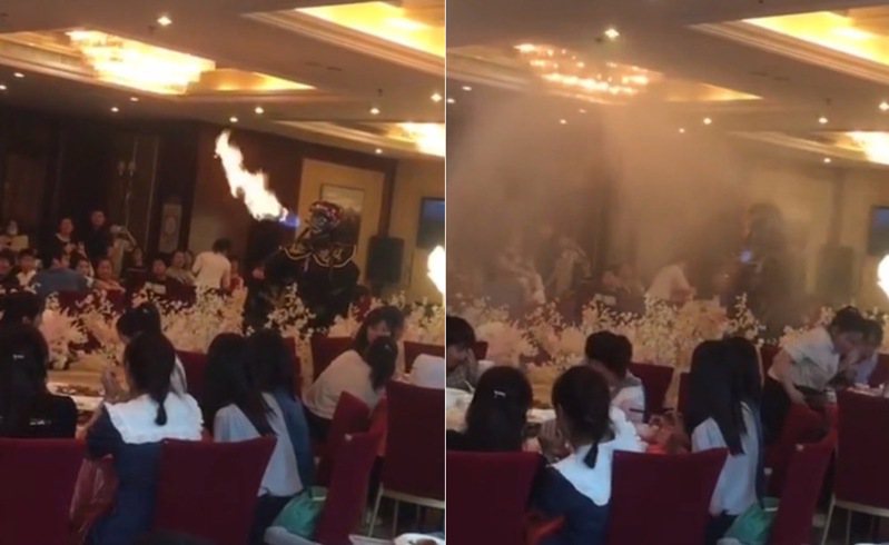 中國大陸1個婚禮現場請來變臉噴火表演，卻不小心觸碰了酒店的滅火系統，結果瞬間下起「滂沱大雨」。（影片截圖）