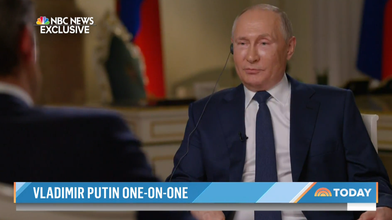 俄罗斯总统普亭在美国全国广播公司（NBC）专访时回应，「中国大陆说了要武力解决台湾问题了吗？没有。」图／环球网(photo:UDN)