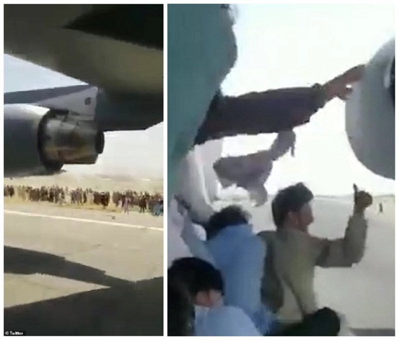 阿富汗的神学士组织几近佔领全国，许多平民百姓涌往机场打算逃亡，近日推特出现「第一手」的影片，可见到有人自拍他跟一群人跳上一架C-17的右侧机轮轮罩上，更有人对着地面人群比「赞」。画面翻摄：MAILONLINE/The Sun(photo:UDN)