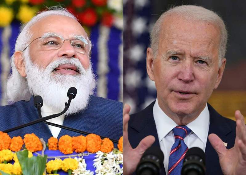 印度总理莫迪（左）出访美国，于24日和美国总统拜登（右）会面前数小时，竟遭印度农民「告洋状」。法新社(photo:UDN)